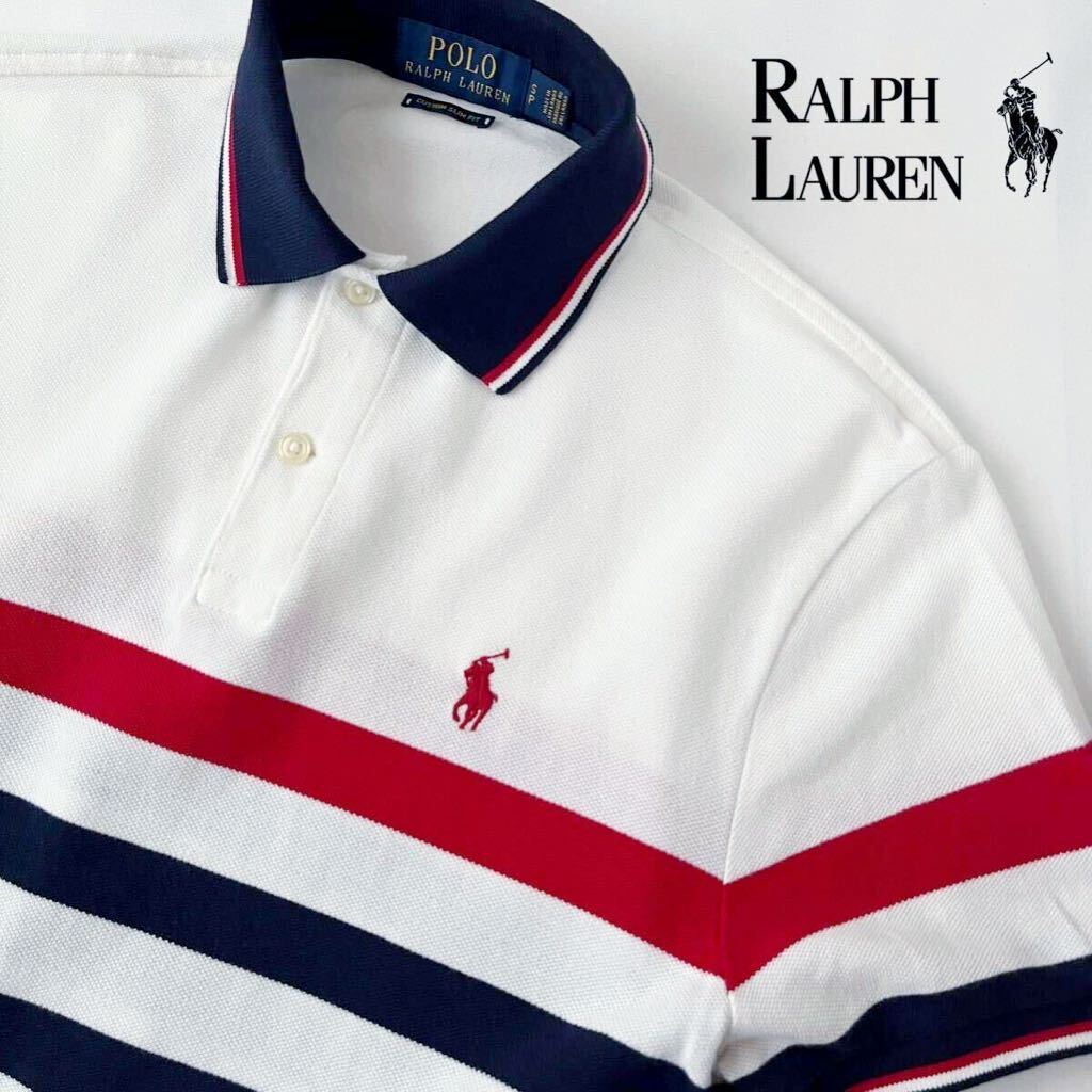 (美品) ラルフローレン RALPH LAUREN ポロシャツ SP 170/92A SLIM FIT (日本M)ホワイト レッド ネイビー ボーダー 半袖 鹿の子 シャツ _画像1