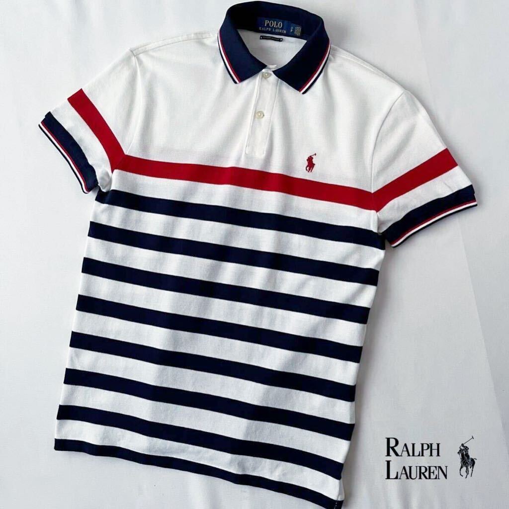 ( beautiful goods ) Ralph Lauren RALPH LAUREN polo-shirt SP 170/92A SLIM FIT ( Japan M) white red navy border short sleeves deer. . shirt 