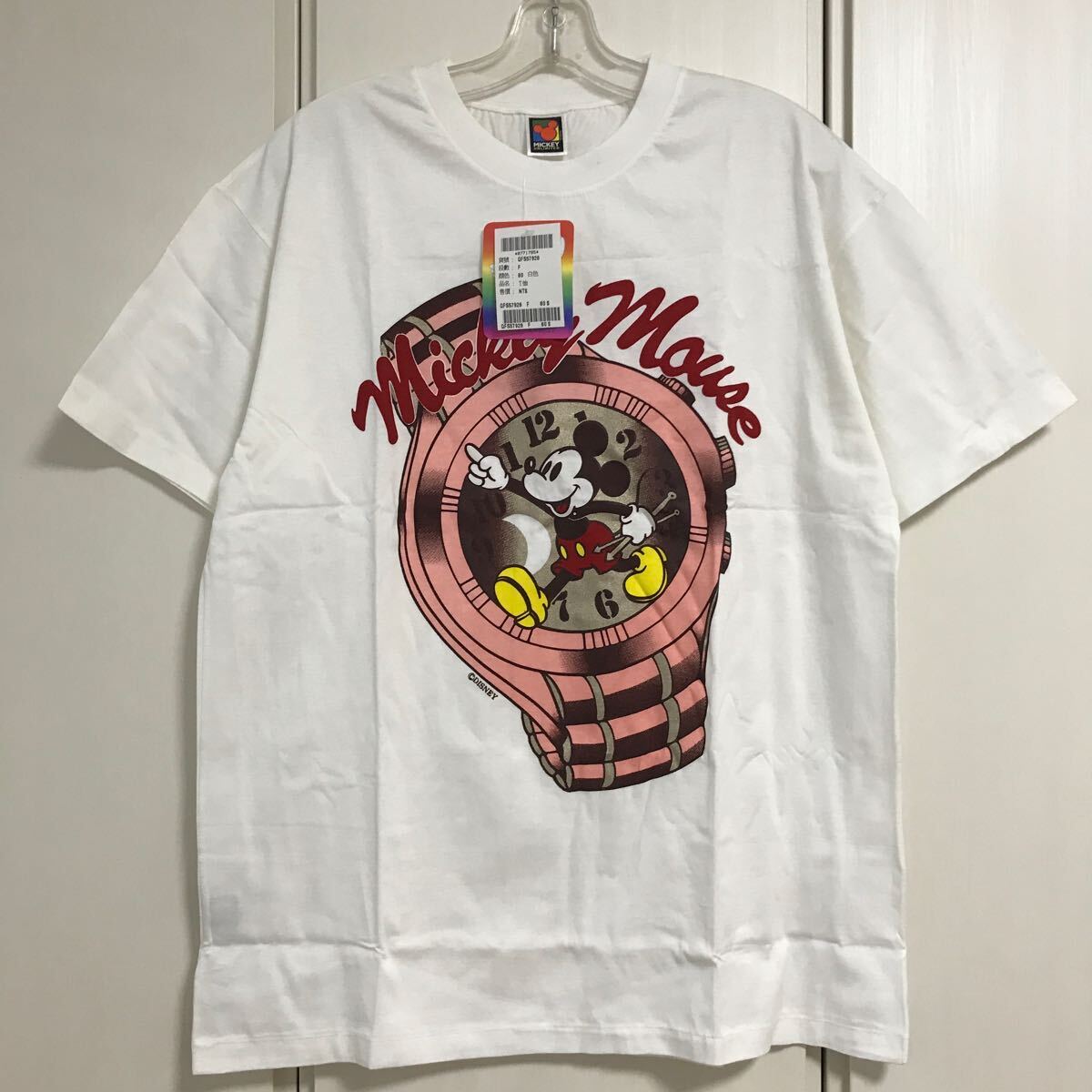 90's デッドストック MICKEY MOUSE ミッキーマウス 腕時計 ウォッチ柄 半袖 Tシャツ M-L 白 台湾製 オールド ビンテージ 90年代 ディズニーの画像1