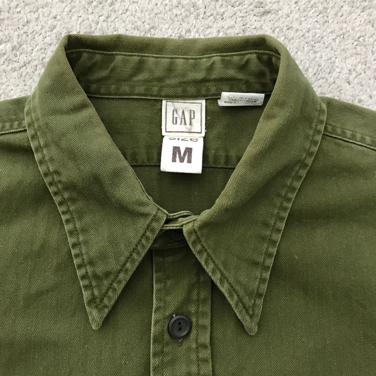 00年 OLD GAP オールド ギャップ HBT ヘリンボーンツイル OD 長袖 シャツ MEDIUM マチ付き L/S SHIRT 2000年 ミリタリー 90s VINTAGE_画像3