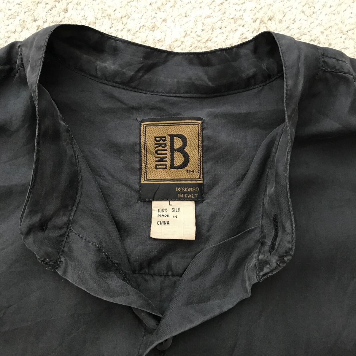90s 00s BRUNO ブラック シルク シャツ 100% SILK スタンドカラー シャツ LARGE 黒 ビンテージ 長袖 イタリア ITALYの画像4