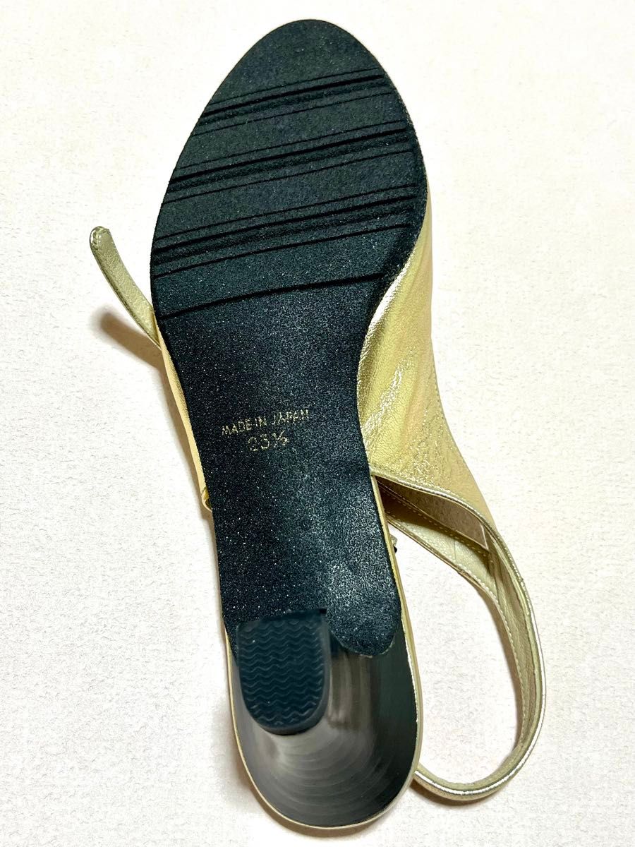 レディース　ミュール　アンクルストラップ　パンプス　ゴールド　本革　ハイヒール　手作り靴 