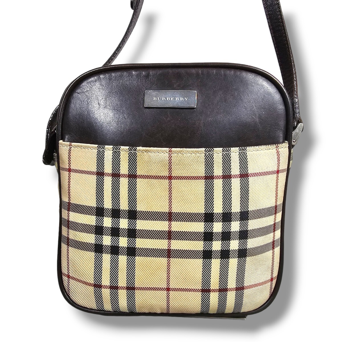 1円 BURBERRY バーバリー ノバチェック キャンバス レザー クロスボディ ショルダーバッグ ポシェット レディース メンズ ベージュ系_画像2