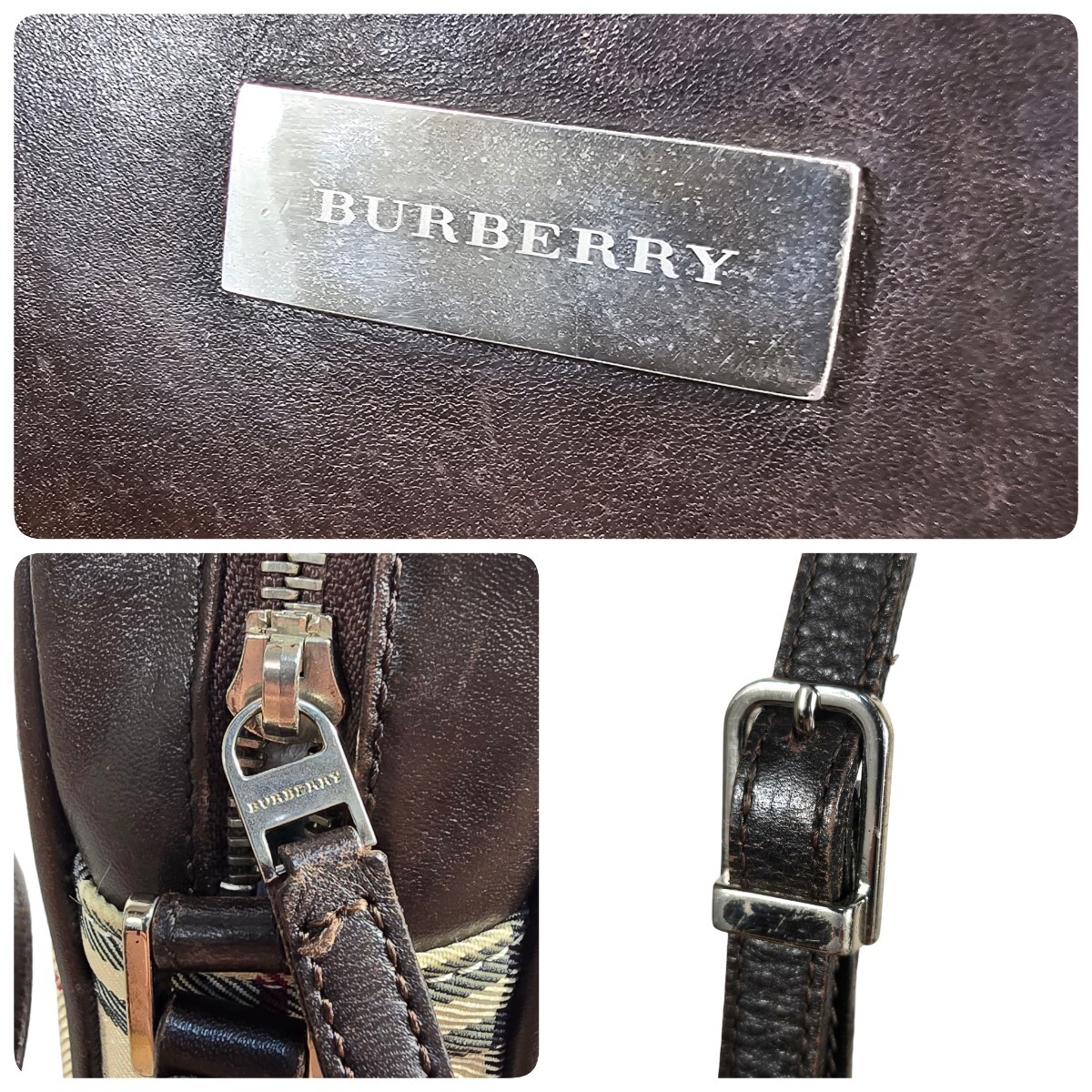 1円 BURBERRY バーバリー ノバチェック キャンバス レザー クロスボディ ショルダーバッグ ポシェット レディース メンズ ベージュ系_画像10