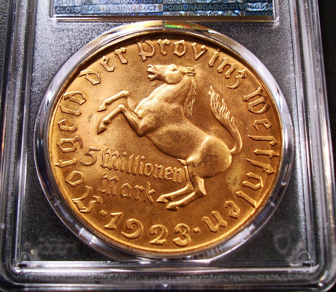 ●ドイツ(ウェストファリア州) 1923年 PCGS MS65 5ミリオン(500万)マルク貨★ GILT / ハイパーインフレ緊急貨 / 金メッキ★トップグレード_画像2