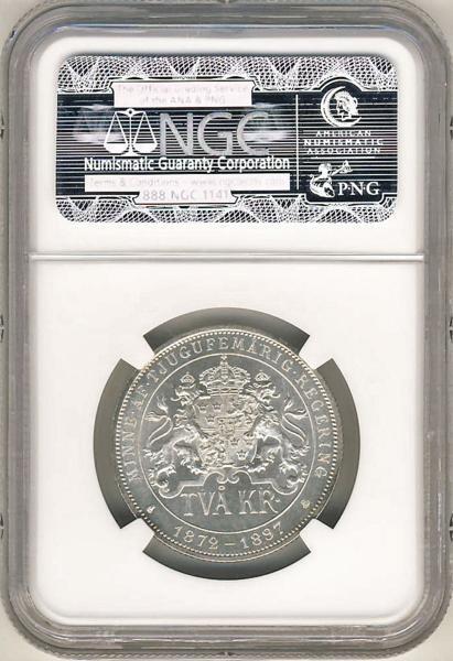 ●スウェーデン 1897年 NGC MS65 オスカル2世 御在位25周年記念 2クローネ銀貨_画像2