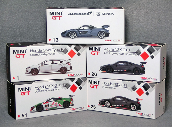 1/64スケール　「ホンダ・シビック Type R、ホンダ・NSX GT3、マクラーレン・セナ」5台セット　*MINI GT製　　*03_画像1