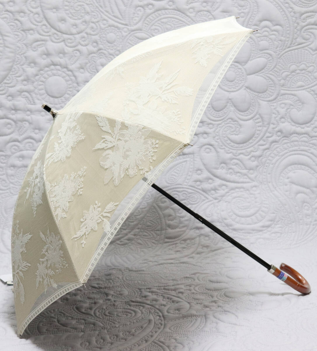 新品タグ付き【長傘 晴雨兼用】繊細レース刺 2層張り 裏側お花入り１級遮光 雨傘 日傘 v4970