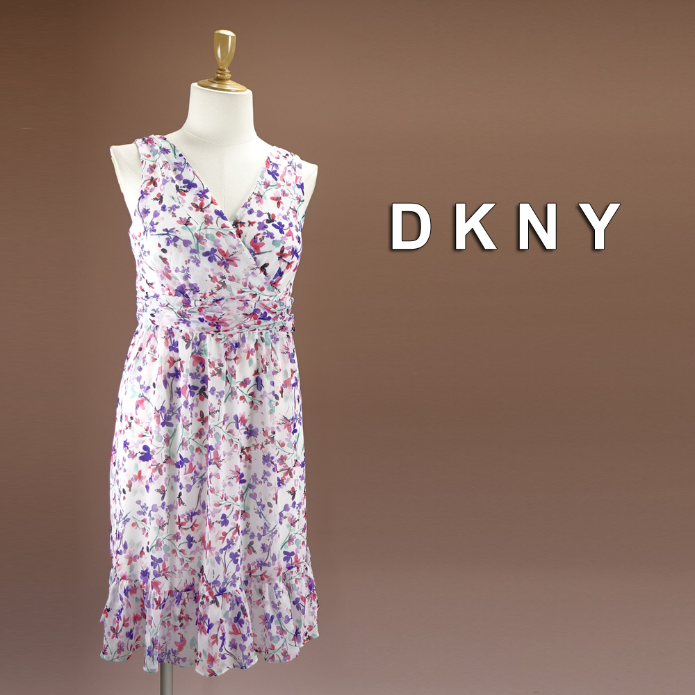 新品 DKNY 14/19号 ダナキャラン 白 ピンク 紫 花柄 シフォン ワンピース パーティドレス 大きいサイズ 結婚式二次会 フォーマル 凛39C0906_画像1