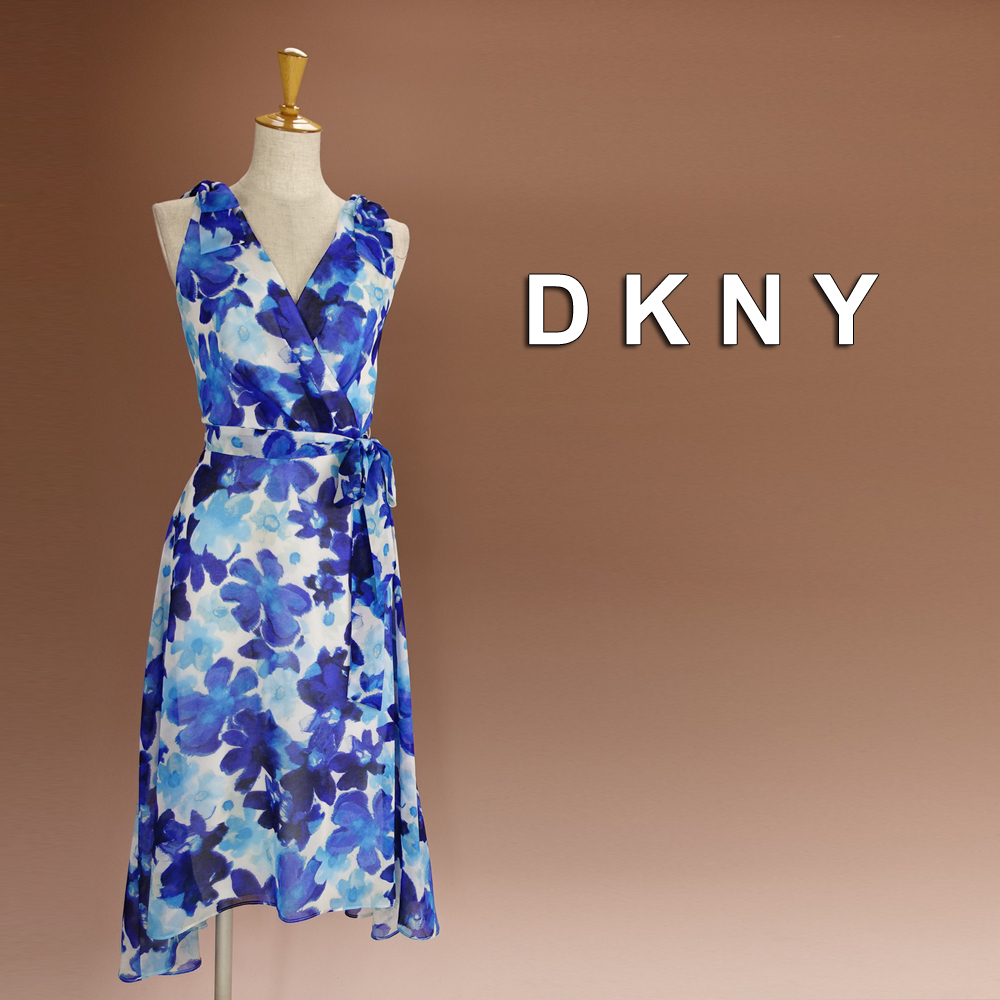 新品 DKNY 16/21号 ダナキャラン 白 青 シフォン ワンピース パーティドレス 大きいサイズ 結婚式 二次会 フォーマル お呼ばれ 葵47C1408_画像1