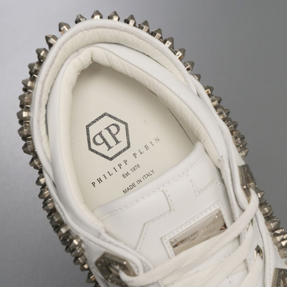 GP9499// Italy made * Philip plain /PHILIPP PLEIN* men's 43/ studs equipment ornament / leather sneakers / low cut / shoes / white / white 