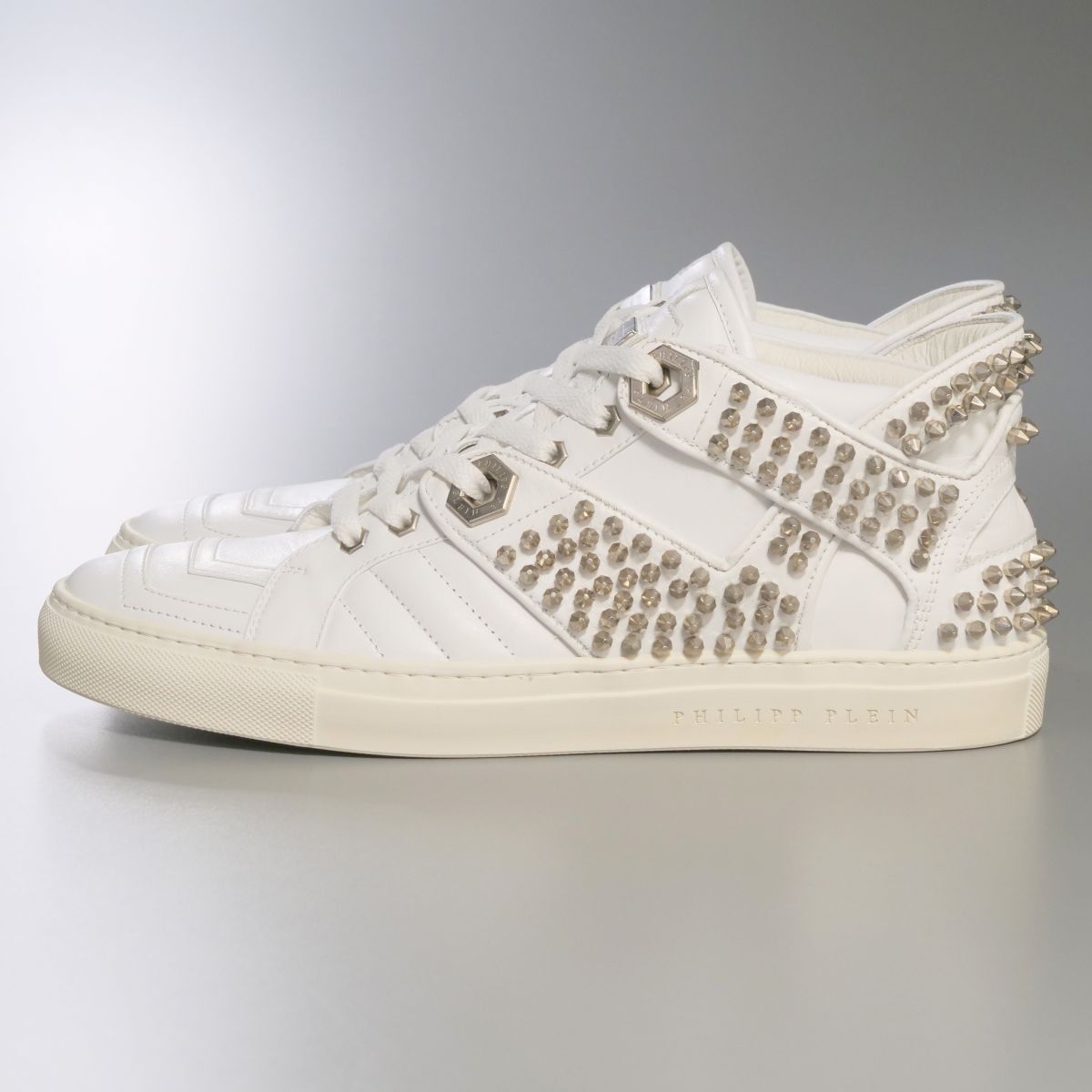 GP9499// Italy made * Philip plain /PHILIPP PLEIN* men's 43/ studs equipment ornament / leather sneakers / low cut / shoes / white / white 