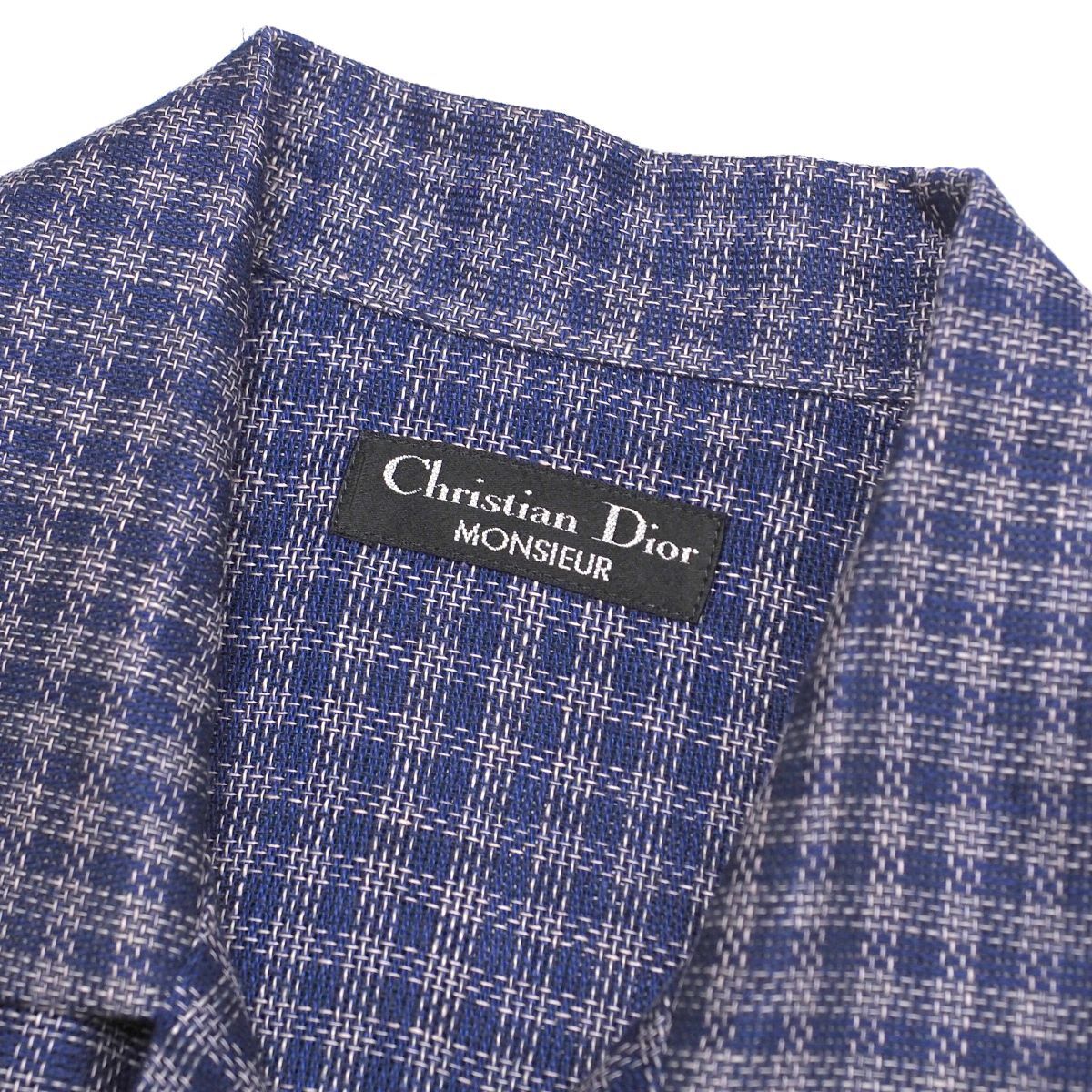 GP3601v Vintage * Christian Dior /Christian Dior MONSIEUR* мужской M*linen* проверка * рубашка с коротким рукавом *. воротник * с откидным верхом 