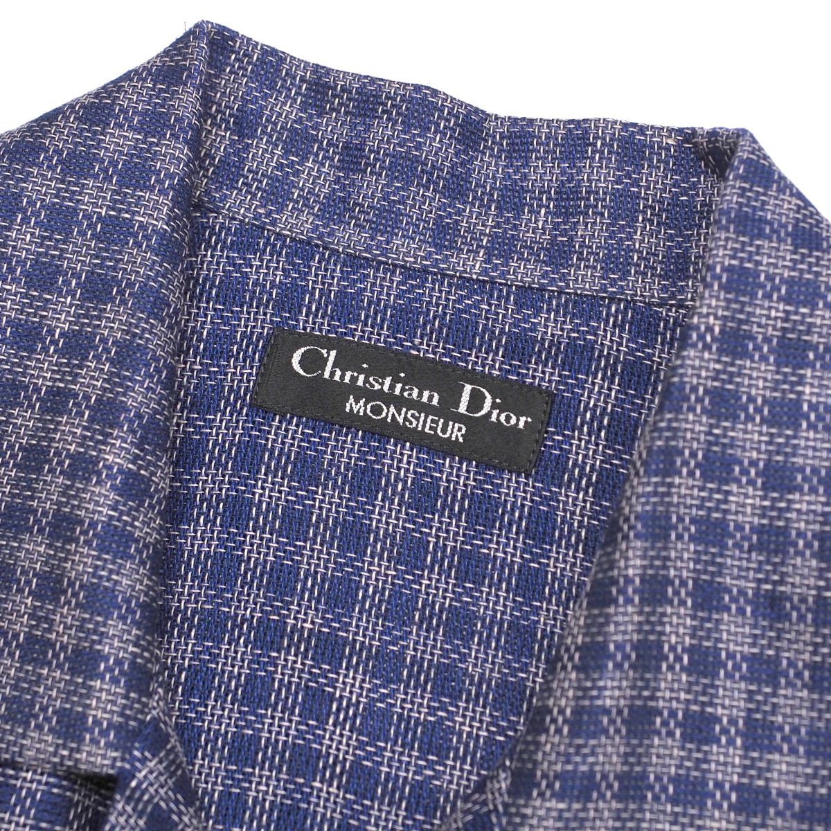 GP3601▽ヴィンテージ*クリスチャンディオール/Christian Dior MONSIEUR*メンズM*リネン*チェック*半袖シャツ*開襟*コンバーチブル_画像5