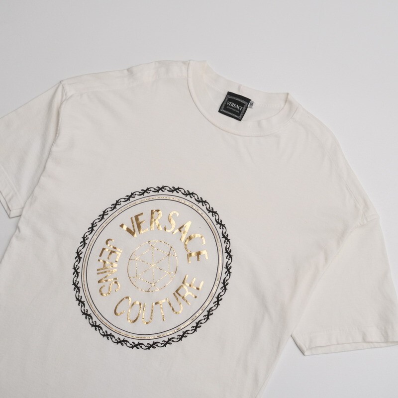 TH4663◇イタリア製 VERSACE/ヴェルサーチ ジーンズ クチュール メンズS 半袖 ロゴプリント Tシャツ カットソー ホワイト系の画像3