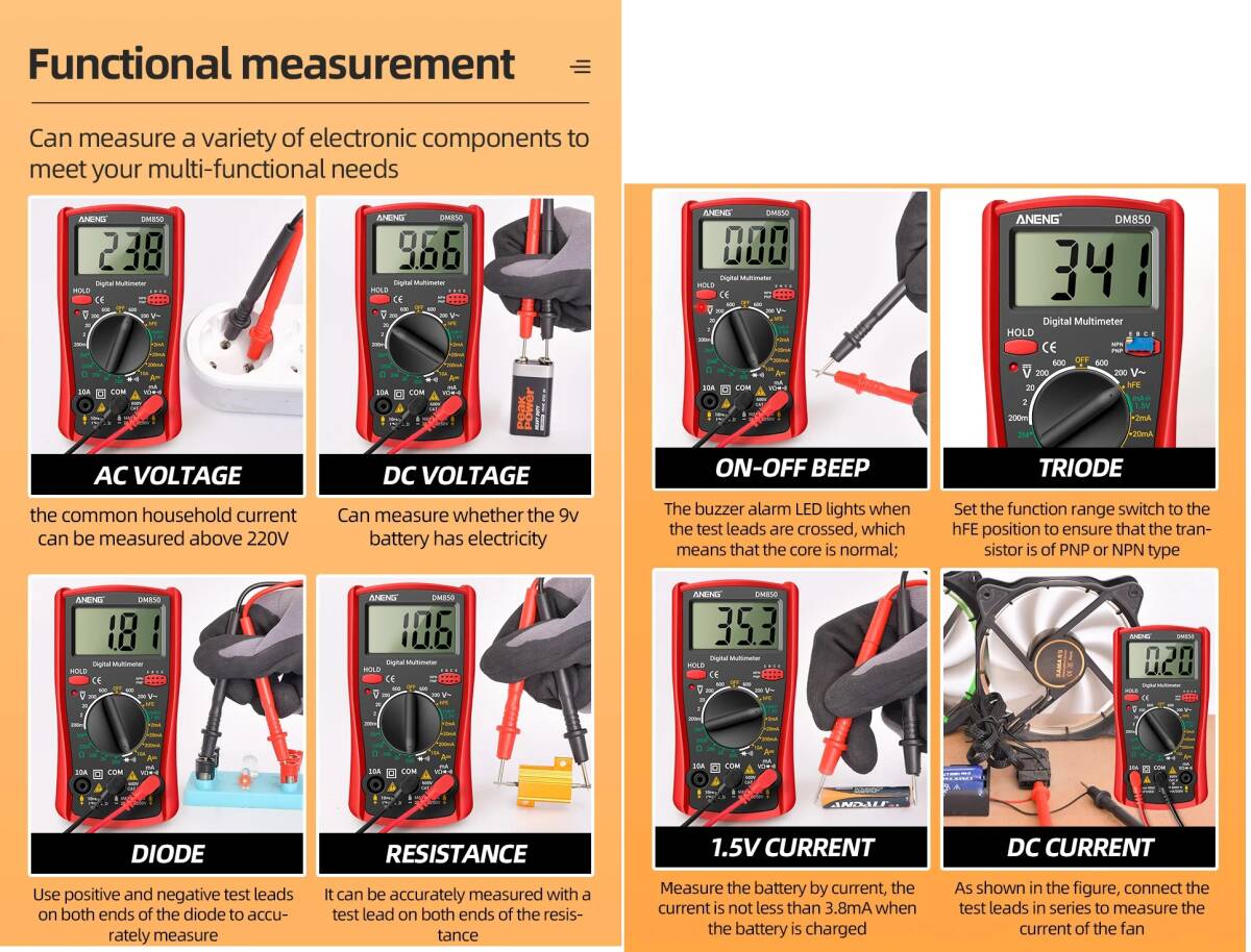 訳あり 多機能デジタルマルチメータ DM850 赤色 デジタルテスター AC/DC電圧 DC電流 抵抗_測定例