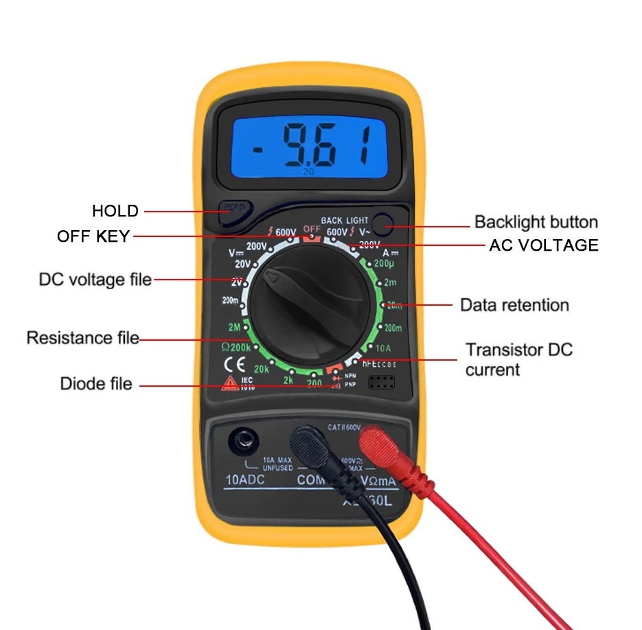 汎用 多機能デジタルマルチメータ XL830L 赤色 デジタルテスター AC/DC電圧 DC電流 抵抗 バックライト付き_操作パネル(裏カバー色は異なる)