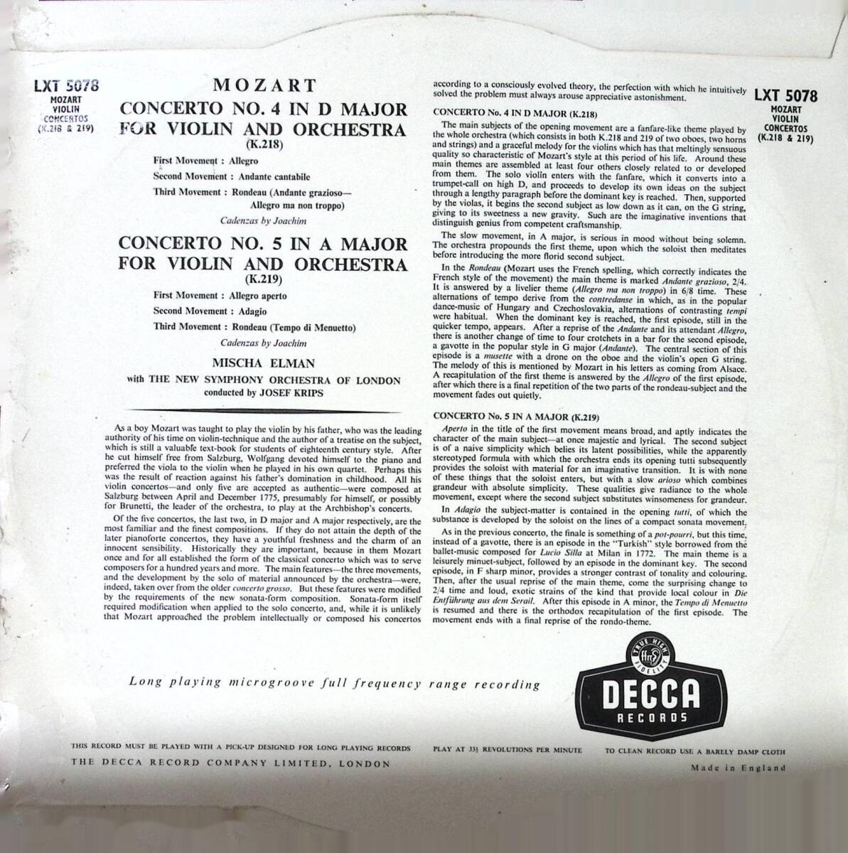 【貴重】名手エルマン モーツアルト ヴァイオリン協奏曲第4番K218 第5番K219 英Decca 初期オレンジ金ラベルフラット盤 LXT5078