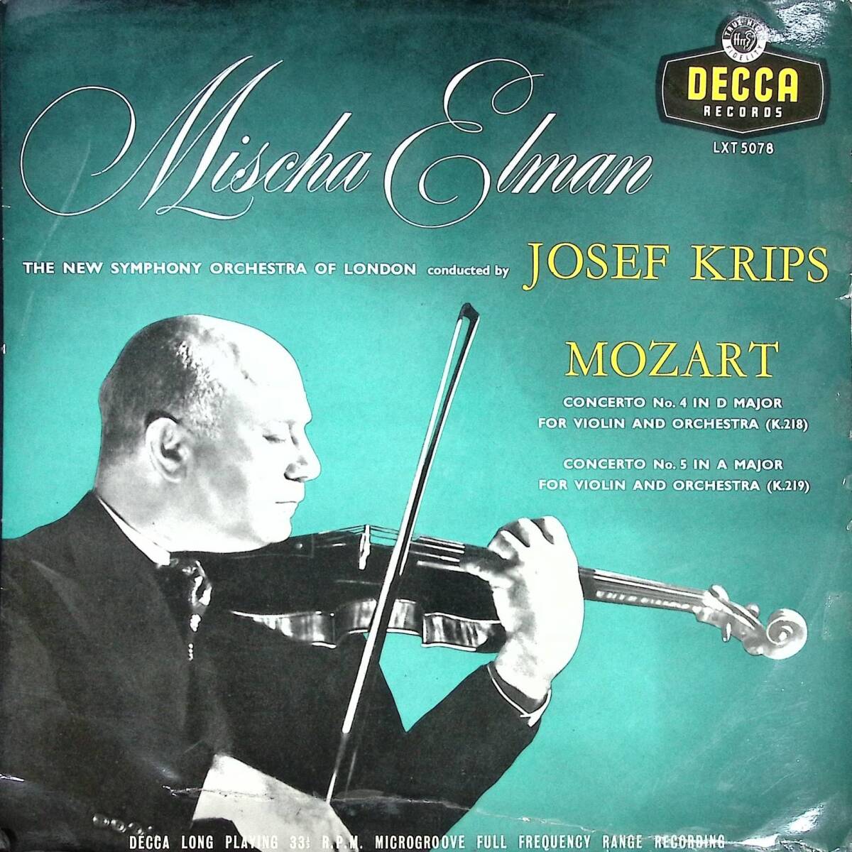 【貴重】名手エルマン モーツアルト ヴァイオリン協奏曲第4番K218 第5番K219 英Decca 初期オレンジ金ラベルフラット盤 LXT5078