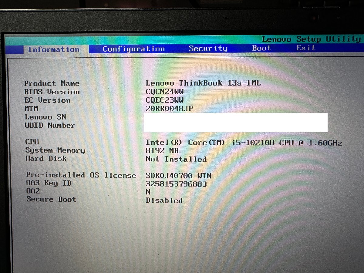 ◎1円スタート◎Lenovo ThinkBook 13s-IML 20RR0048JP Intel Core i5-10210U メモリ8GB ストレージ無 13.3型 キー不良 ジャンク /0515e6_画像8