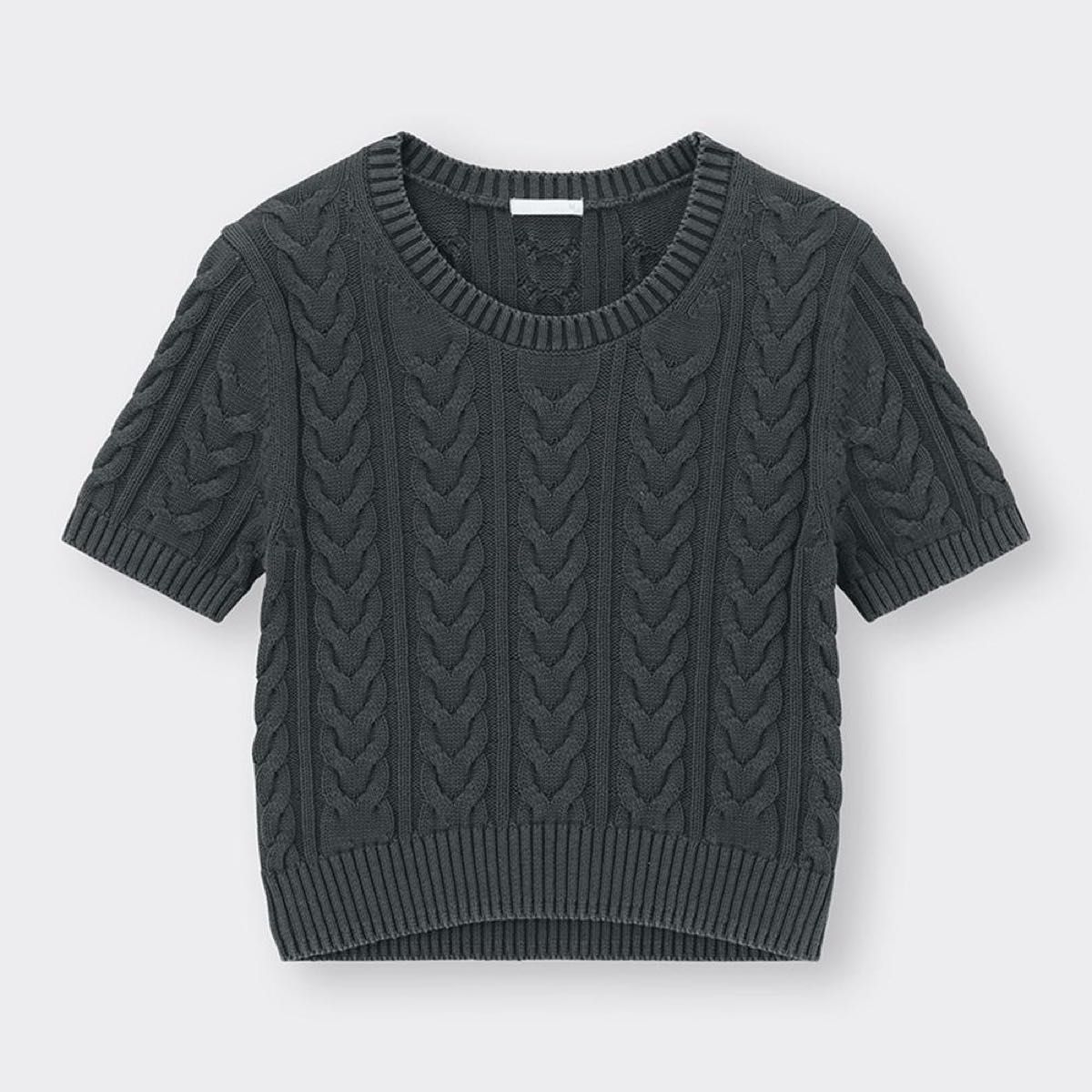 GU ジーユー ケーブルクルーネックセーター(半袖) ダークグレー Tシャツ ニット  半袖 カットソー
