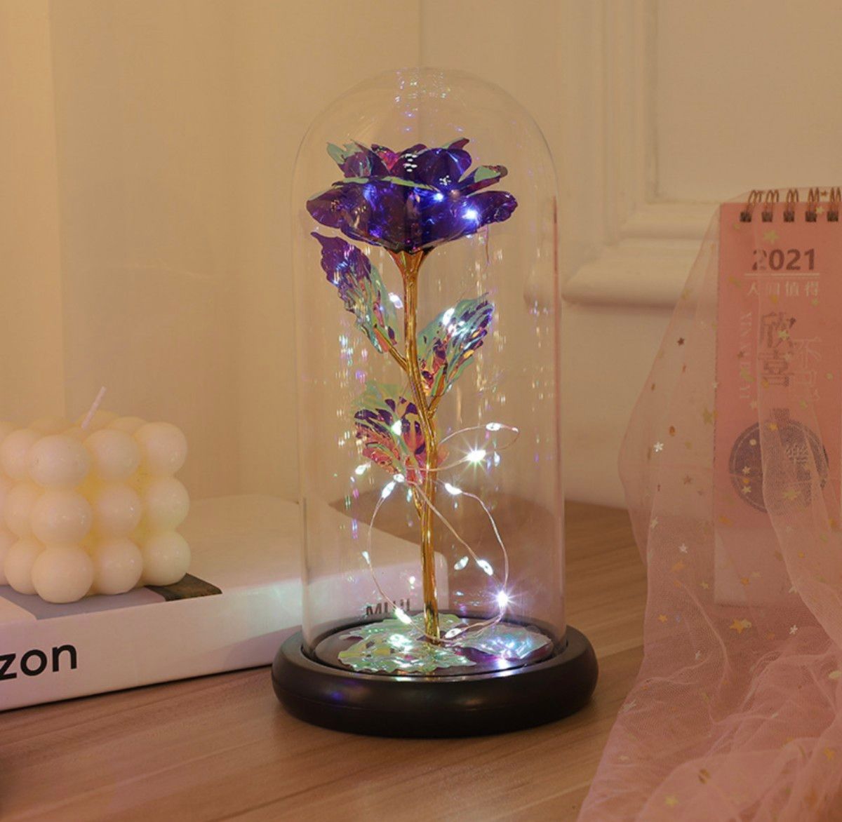 造花 枯れない花 LEDライト 金メッキローズ プレゼント バラ ガラスドーム 電池式　母の日　紫　誕生日　記念日　ローズ