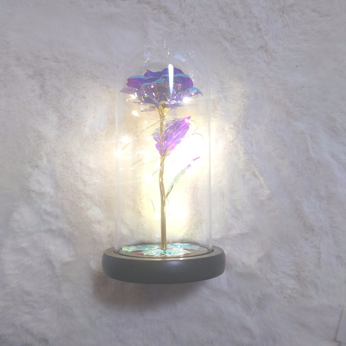 造花 枯れない花 LEDライト 金メッキローズ プレゼント バラ ガラスドーム 電池式　母の日　紫　誕生日　記念日　ローズ