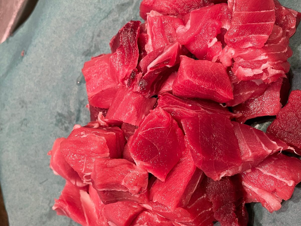 **1 иен старт! рагу из мяса или рыбы в кубиках для носорог koro натуральный голубой тунец 300 грамм и больше **