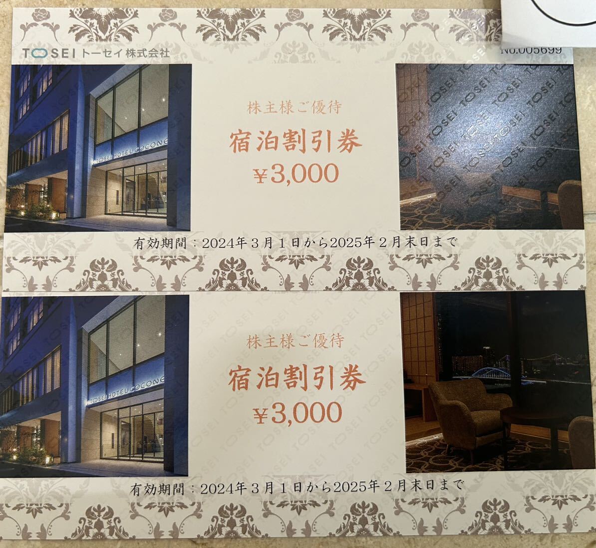 トーセイ 株主優待 宿泊割引券3000円2枚　ネコポス　配達料無料_画像1