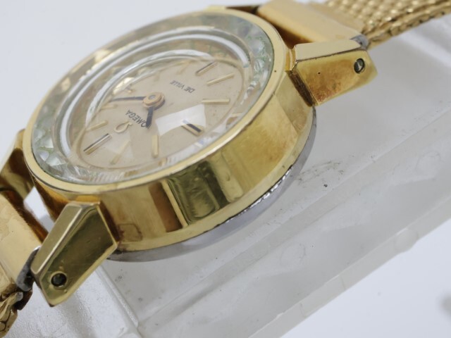 2405-548 オメガ 手巻き式 腕時計 OMEGA デビル 金色 カットガラス メッシュブレス_画像3
