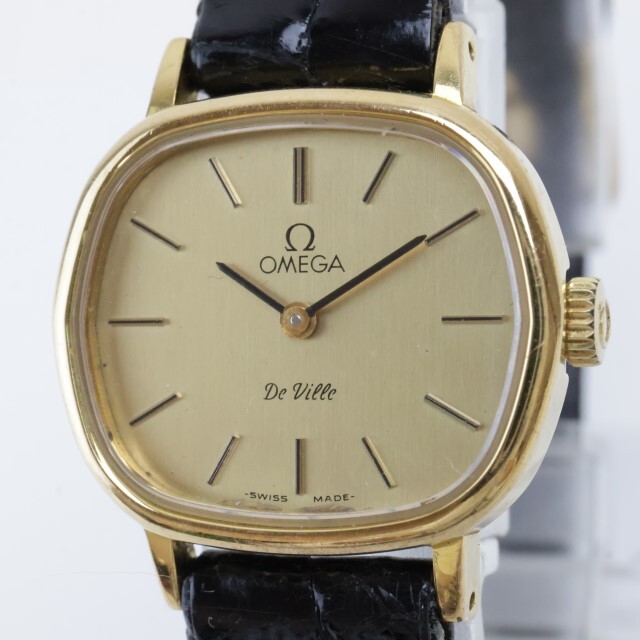 2405-547 オメガ 手巻き式 腕時計 OMEGA デビル 金色 横型ケース 黒ベルト_画像1