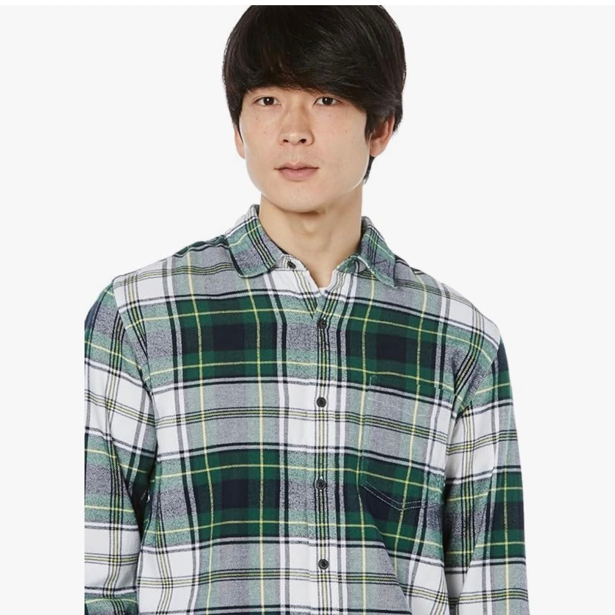 [Amazon Essentials] フランネルシャツ 長袖 メンズ　緑　チェック柄　Mサイズ