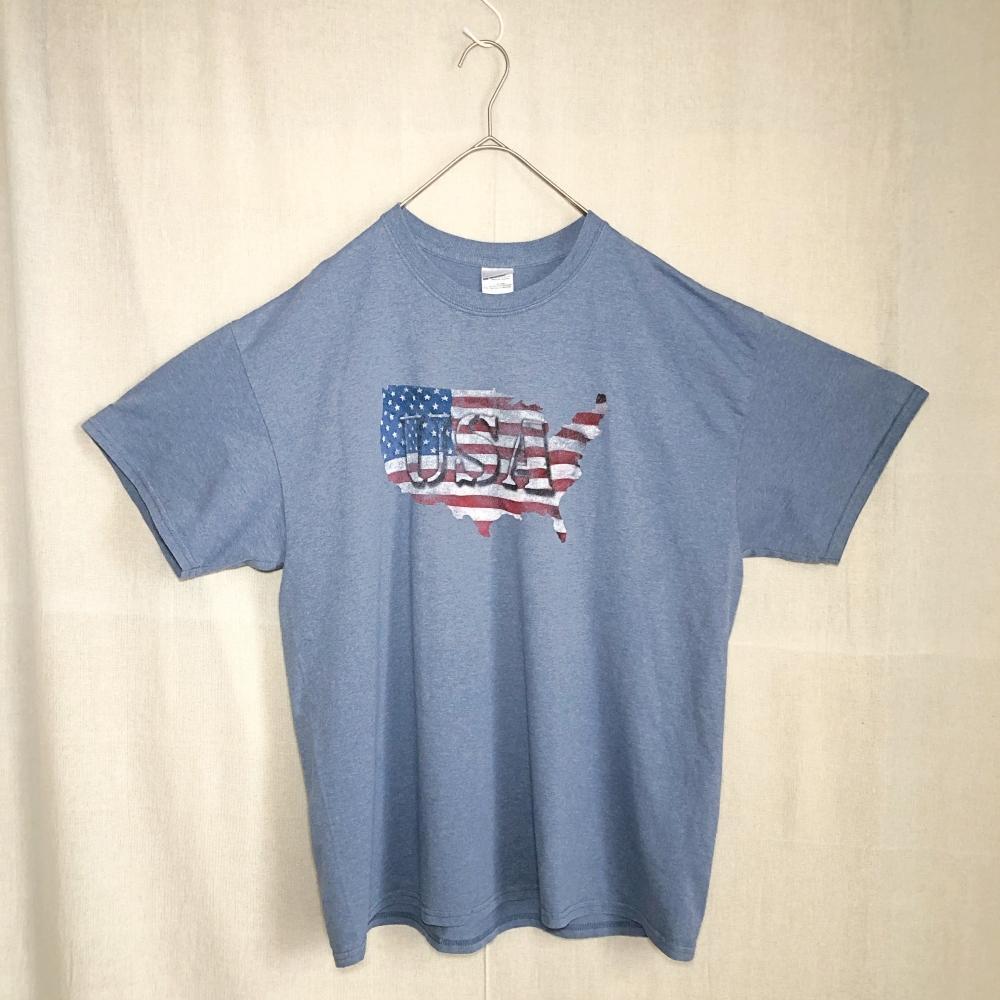 ＼Tシャツ／スカイブルー XL 半袖 海外　古着 ビッグロゴ　アメリカ フラッグ　トップス　星条旗_画像2