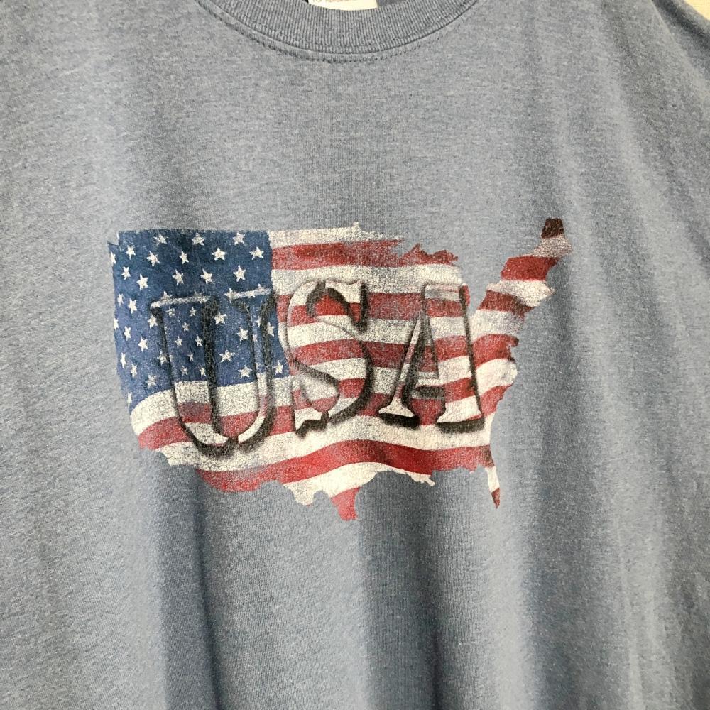 ＼Tシャツ／スカイブルー XL 半袖 海外　古着 ビッグロゴ　アメリカ フラッグ　トップス　星条旗