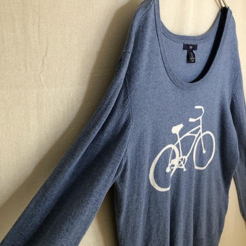 ＼セーター／ブルー　ニット　薄手　自転車柄　古着　L 長袖　細身　シンプル　ギャップ