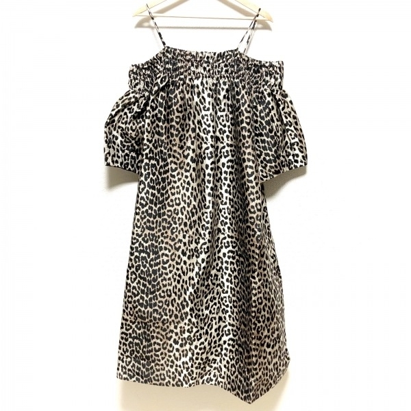 ga knee GANNI size L/XL - black × beige lady's short sleeves / maxi height / leopard print One-piece 