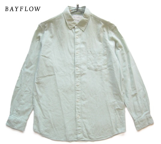 美品!!ベイフロー BAYFLOW*麻50% 後染め加工 胸ポケット付きリネンレーヨンシャツ 3 実寸M オックスフォードグリーン_画像1