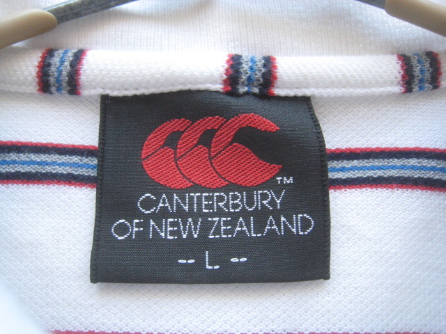 希少!!カンタベリー CANTERBURY*ロゴ刺繍 爽やかボーダー柄半袖ラガーシャツ L 白×黒×赤×グレー×青_画像5