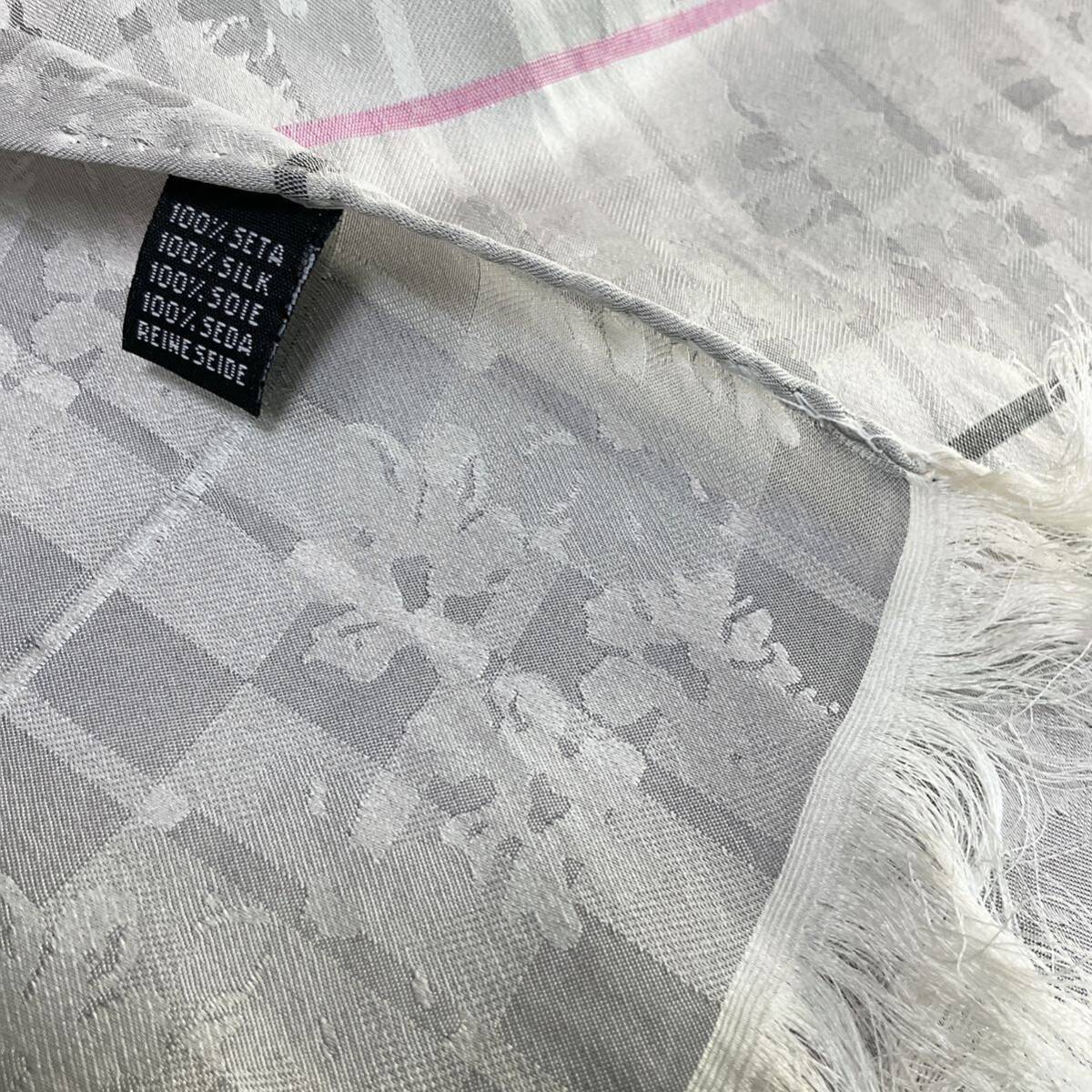 新品 / イタリア製 グレー 花柄 × チェック柄 シルク ストール スカーフ