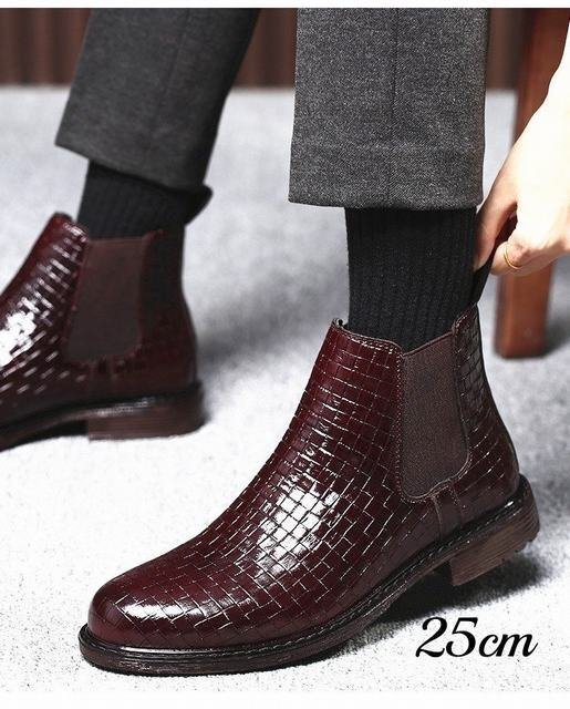 ブーツ　サイドゴアブーツ　メンズ　ビジネスシューズ　靴　フォーマル　PU革　革靴　紳士靴 ハイカット　おしゃれ 編み柄　ワイン　25cm_画像1