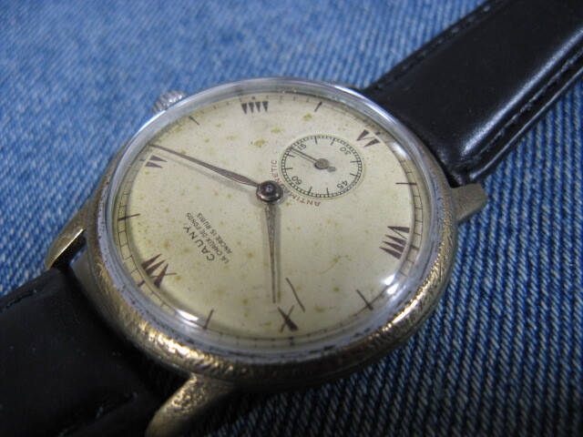 1940 period CAUNY large 36.5mm Switzerland made antique hand winding wristwatch operation goods note oil ending 
