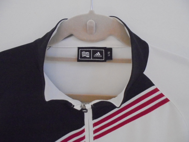 値下断行 激レア 稀少 アディダス ゴルフ半袖ハーフジップシャツ（L）ホワイト×ブラック×レッド 美品の画像3