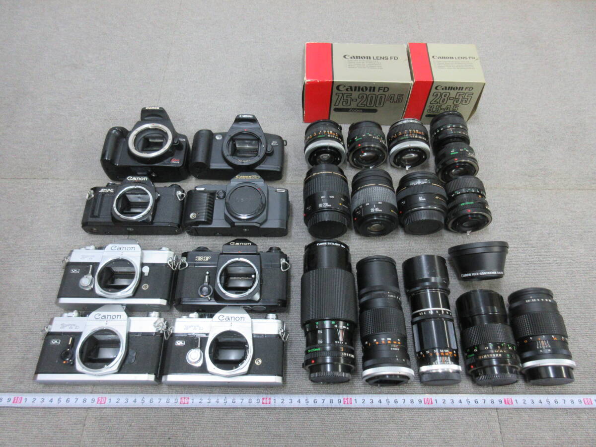 M【5-21】◎10 カメラ フィルムカメラ ボディ レンズ まとめて Canon キャノン キヤノン FT FTb EF AV-1 T70 EOS 動作未確認 ジャンク品_画像1