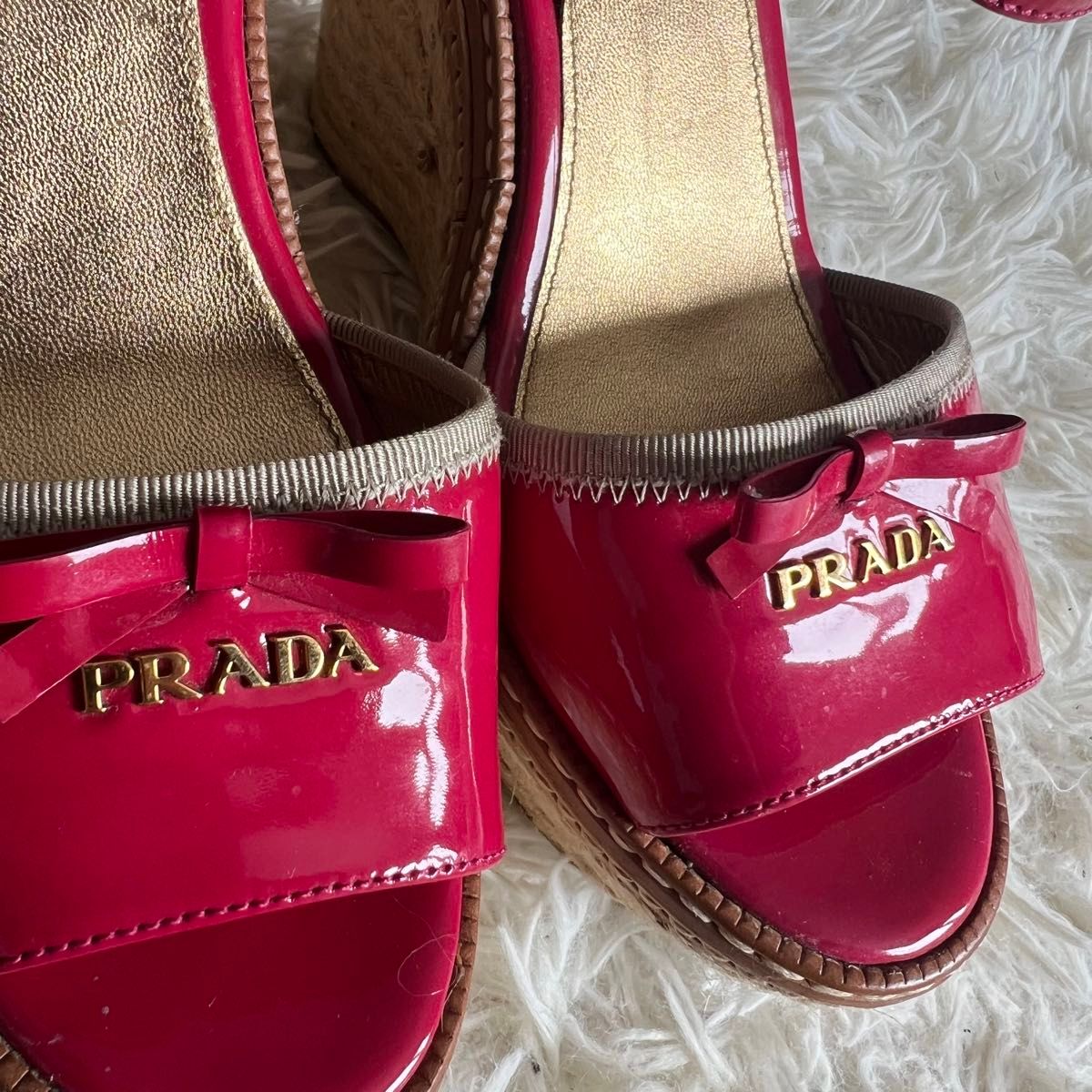 【良品】PRADA プラダ　サンダル　エスパドリーユ　リボン　赤ピンク　サイズ35 1/2(22.5cm) イタリア製