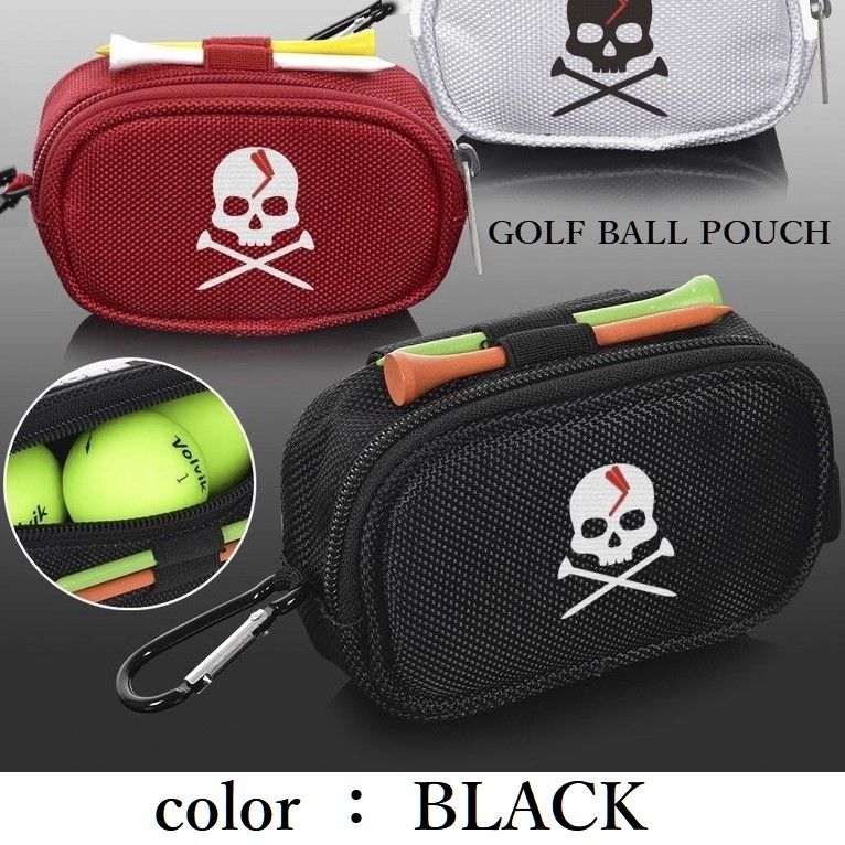 新品 ゴルフボールポーチ + ティー2本 カラビナ付き BLACK ボールホルダー ボールポーチ ボールケース ボール入れ
