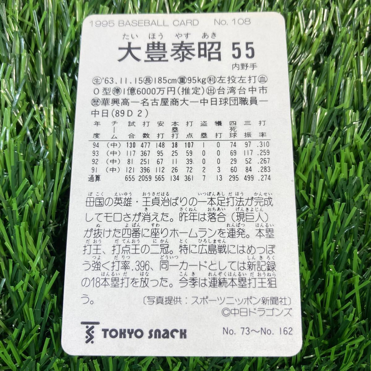 1995年 中日 大豊 No.108 カルビー 東京スナック プロ野球カード レアブロック 当時物 Calbee おまけ 食玩の画像2