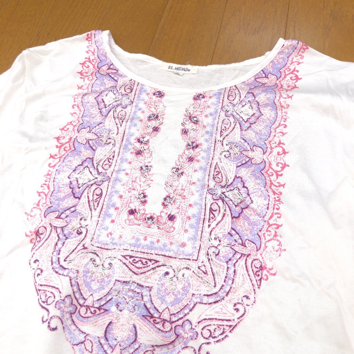 美品 EL MIDAS エルミダ コットン100% スパンコール装飾 プリント カットソー 13(XL) 白系 日本製 ロンT Tシャツ LL 2L ゆったり 大きいの画像4