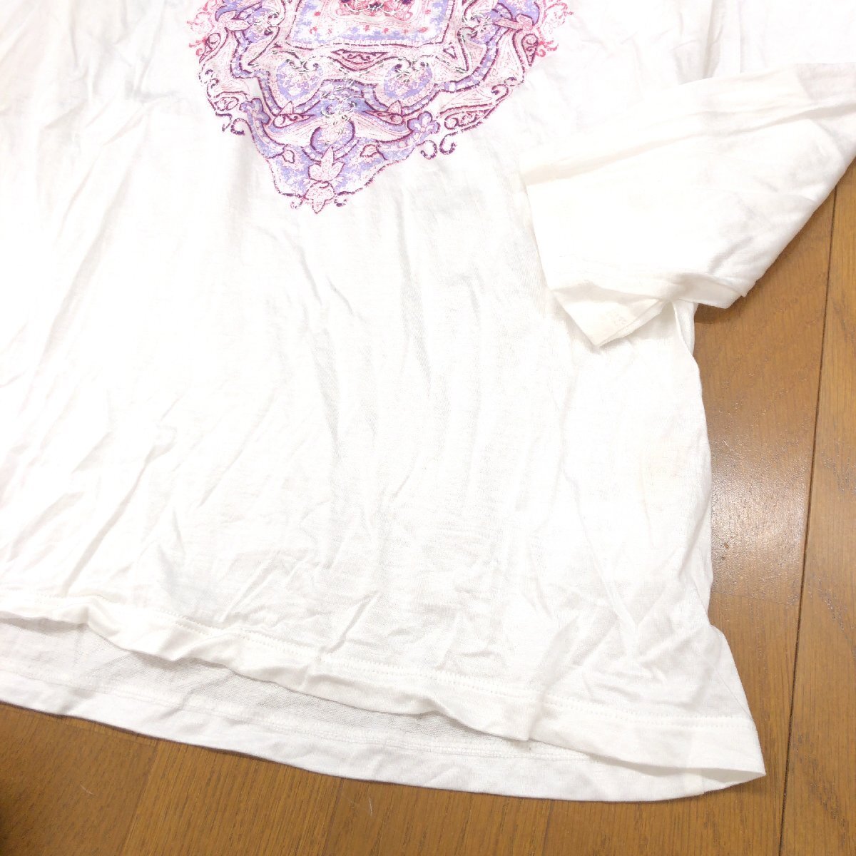 美品 EL MIDAS エルミダ コットン100% スパンコール装飾 プリント カットソー 13(XL) 白系 日本製 ロンT Tシャツ LL 2L ゆったり 大きいの画像6