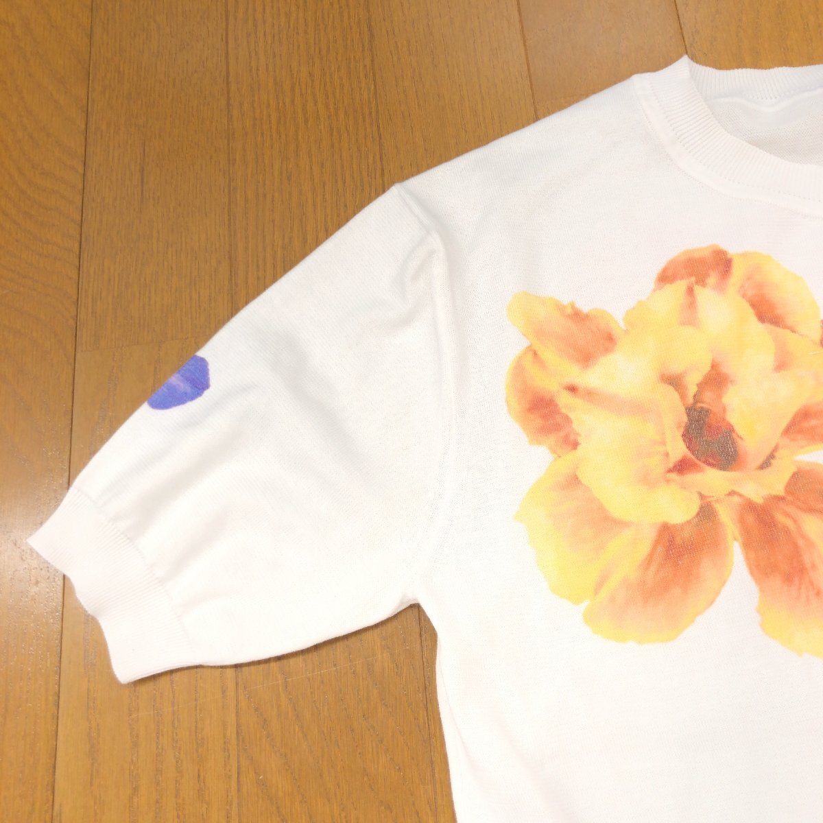 LANVIN COLLECTION ランバンコレクション 花柄 コットンニット セーター 38(M) 白 ホワイト 日本製 半袖 カットソー Tシャツ レディース_画像5