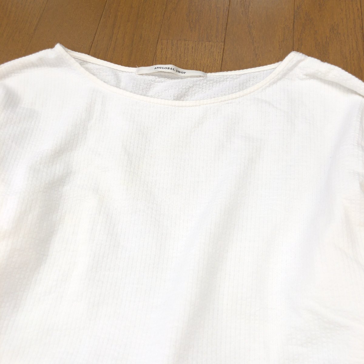 美品 ANGLOBAL SHOP アングローバルショップ オープンネック リボンデザイン カットソー M 白 ホワイト 日本製 ロンT Tシャツ 七分袖_画像4